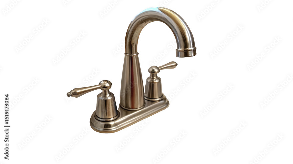 Chrome bathroom faucet with separate hot and cold water handles, featuring a sleek, curved spout and a transparent background, perfect for easy integration into design projects Chrome bathroom faucet with separate hot and cold water handles, featuring a sleek, curved spout and a transparent background, perfect for easy integration into design projects