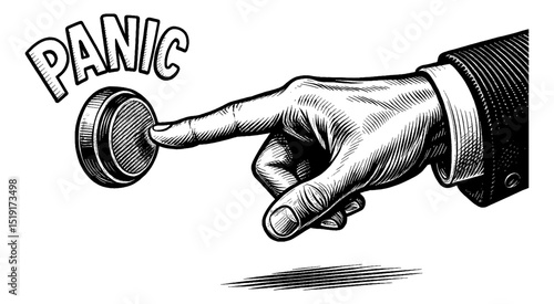 Hand Pressing Panic Button in Detailed Engraving Black and White Line Art Style