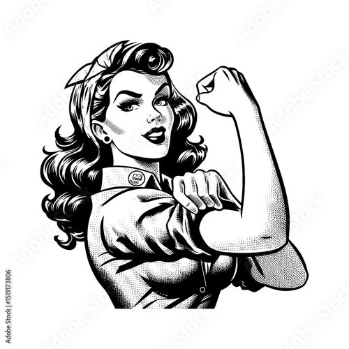 Rosie the Riveter Style Woman Flexing Arm in Black and White Illustration