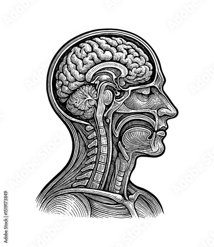 Anatomical Engraving of a Human Head Showing Internal Structures in Black and White Detailed Art