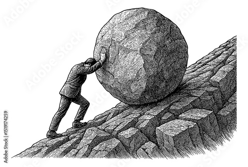 Man pushing huge rock uphill in black and white detailed engraving style illustration