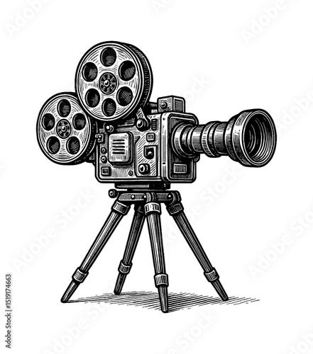 Vintage Movie Camera on Tripod Detailed Black and White Engraving Style Illustration