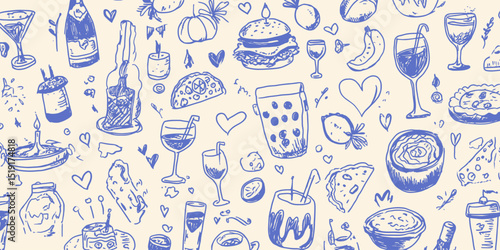 Contemporary Minimalist Line Art Food and Drink Seamless Pattern