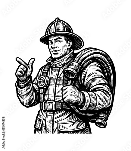 Smiling Firefighter Pointing with Hose over Shoulder in Detailed Black and White Line Art
