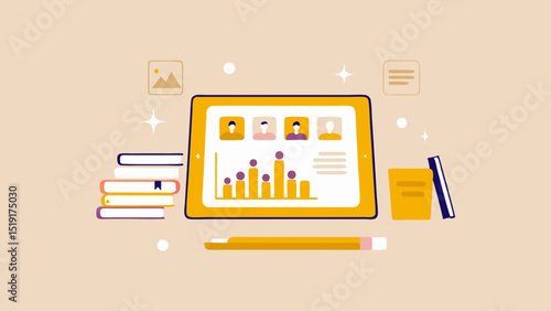 Illustration of a tablet displaying a graph with people icons surrounded by books and a pencil