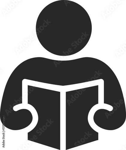 Student reading a book in school learning area, solid icon vector.