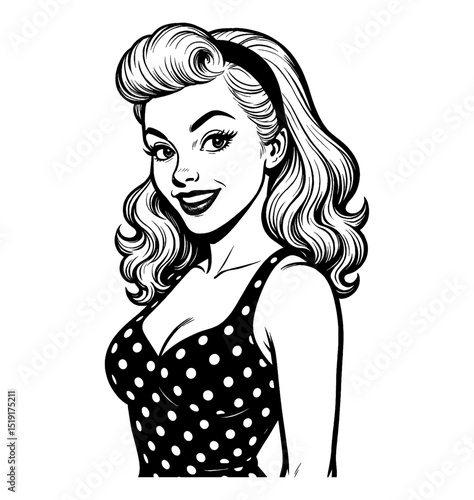 Smiling Woman in Polka Dot Dress Black and White Pinup Style Illustration