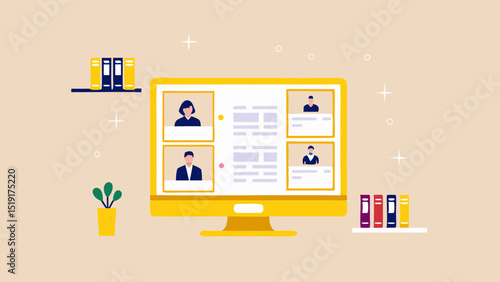 Computer screen showing four people in a video conference with books and a plant nearby on a light background