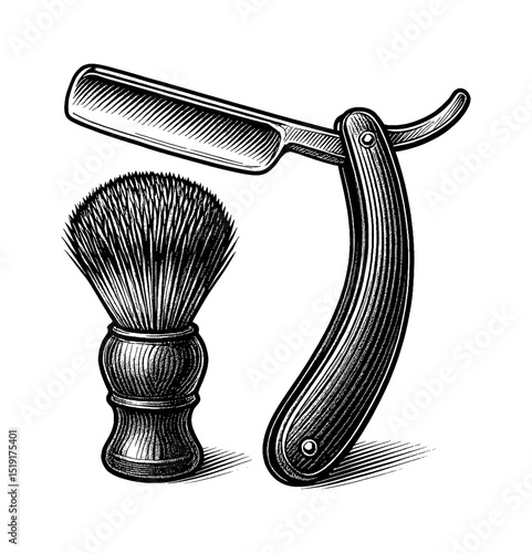Straight Razor and Shaving Brush Detailed Black and White Illustration for Grooming
