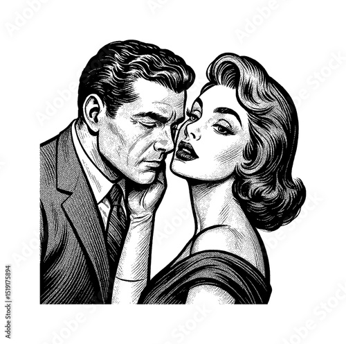 Intimate Moment Between a Man and Woman in a Vintage Pop Art Style Black and White Illustration