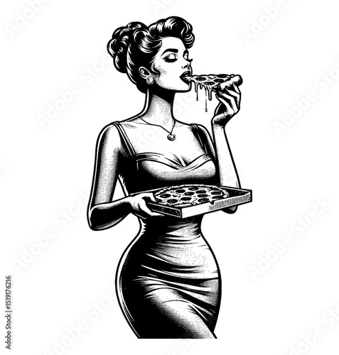 Attractive Caucasian woman in dress eating pizza, holding pizza box in black and white