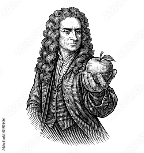 Engraved Portrait of Isaac Newton Holding an Apple in Detailed Black and White