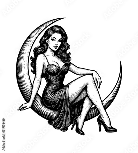 Elegant woman in dress sitting on crescent moon with wavy hair in engraving