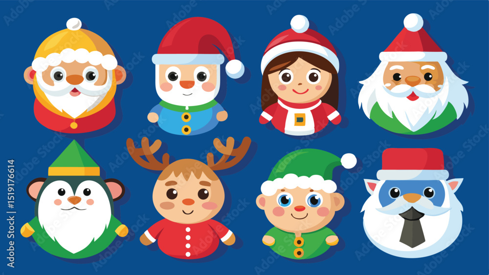 Festive Christmas Characters Santa Claus Elf Reindeer and Penguin Cartoon Illustrations Festive Christmas Characters Santa Claus Elf Reindeer and Penguin Cartoon Illustrations