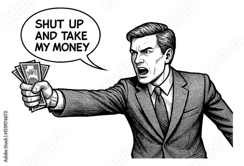 Illustration of a Man Shouting and Offering Money in a Suit with a Speech Bubble