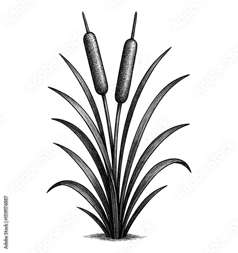 Illustration of Two Cattails with Leaves in Detailed Black and White Engraving Style