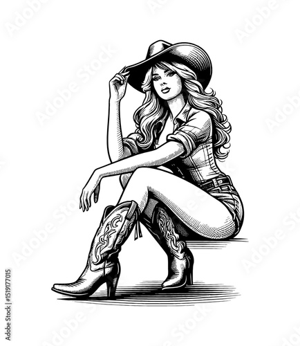 Cowgirl sitting pose in engraving style line art illustration wearing hat and boots