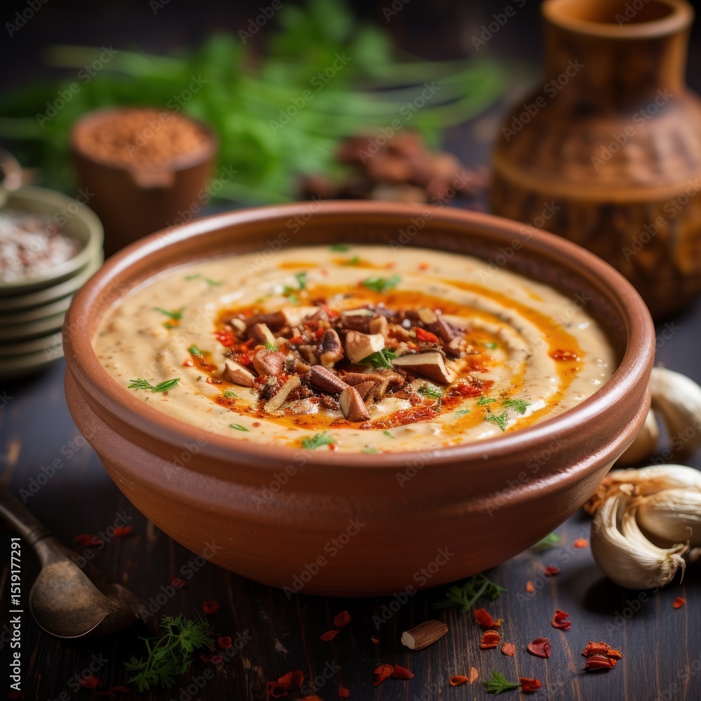 A velvety mushroom soup topped with caramelized onions and a sprinkle of smoked paprika A velvety mushroom soup topped with caramelized onions and a sprinkle of smoked paprika