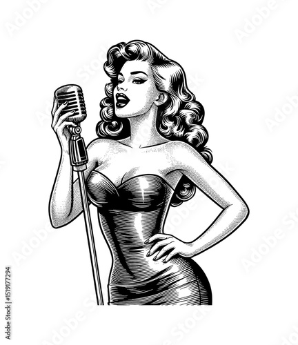 Elegant Pinup Woman Singing into Vintage Microphone with Curly Hair in Black and White Engraving