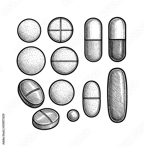 Illustration of Various Tablets and Capsules in Detailed Black and White Engraving Style