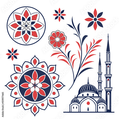 An illustration of a mosque with floral patterns and mandalas, showcasing cultural heritage and architectural beauty from an angled viewpoint