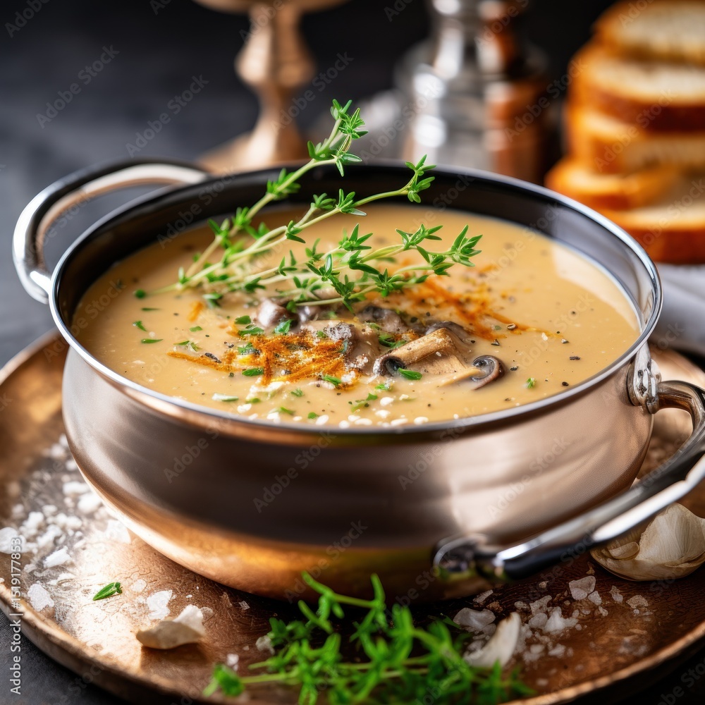 Creamy mushroom soup served in an elegant silver bowl with a garnish of thyme and edible gold flakes Creamy mushroom soup served in an elegant silver bowl with a garnish of thyme and edible gold flakes