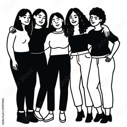Group of young women standing together in a friendly pose, arms around each other, vector illustration