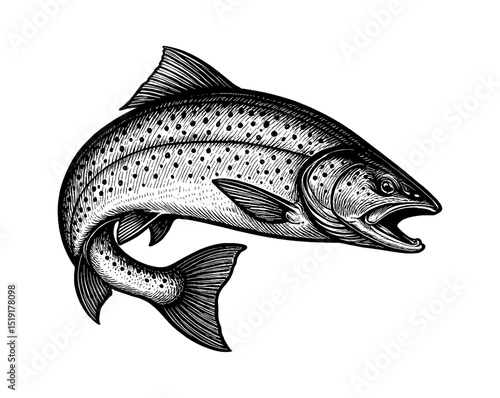 Detailed Black and White Engraving of a Spotted Trout Fish with Open Mouth