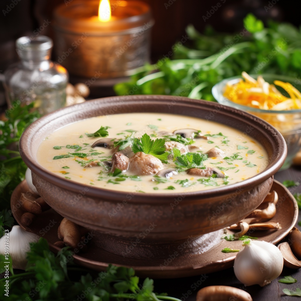 Creamy mushroom soup served in an elegant silver bowl with a garnish of thyme and edible gold flakes Creamy mushroom soup served in an elegant silver bowl with a garnish of thyme and edible gold flakes