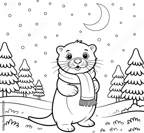 Adorable otter wearing scarf winter wonderland coloring page