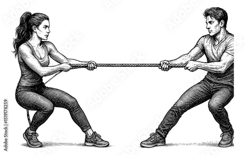 Engraved illustration of a man and woman in a tug of war, Intense gaze, determined expression