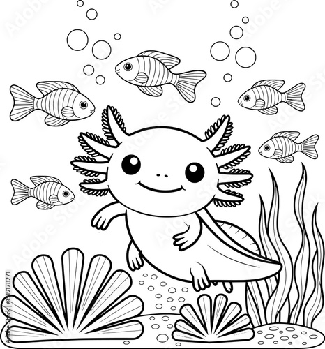Adorable axolotl coloring page underwater scene cute fish