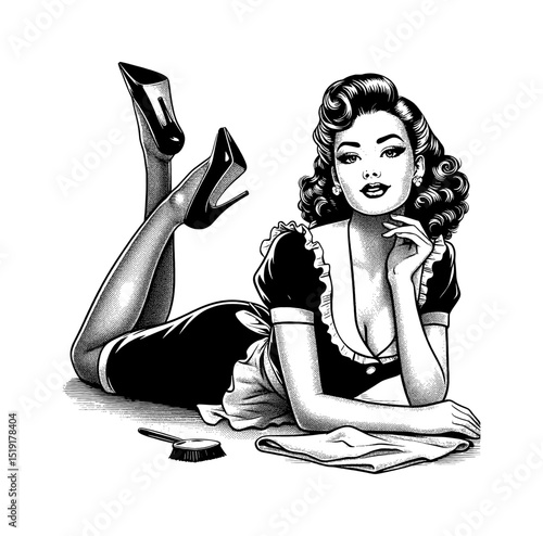Elegant Pinup Woman in Maid Outfit Lying Down in a Seductive Pose in Black and White Engraving