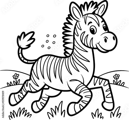 Adorable baby zebra running in grassland coloring page