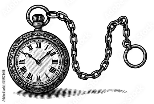 Vintage Pocket Watch Detailed Illustration With Chain and Shadow in Black and White Color