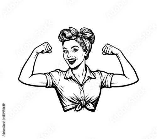 Happy pinup woman with vintage style, flexing her biceps with a smile in black and white