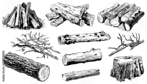 Hand-Drawn Ink Sketches of Firewood, Logs, and Branches Vector Illustrations