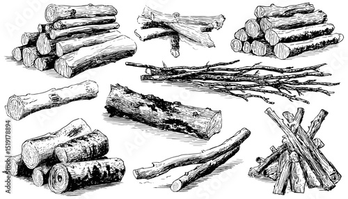 Hand-Drawn Ink Sketches of Firewood A Collection of Vector Illustrations