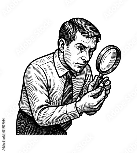 Focused Man Inspecting with Magnifying Glass in Detailed Black and White Engraving Style