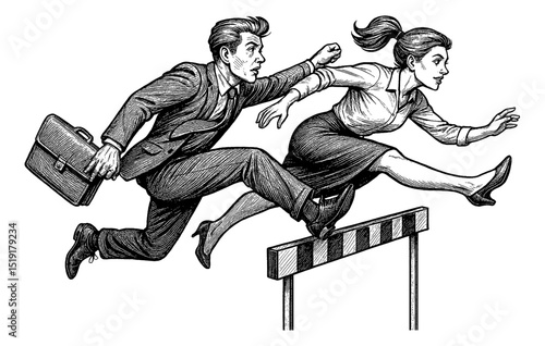 Business Man and Woman Jumping Over Hurdle with Briefcase in Engraved Black and White Style