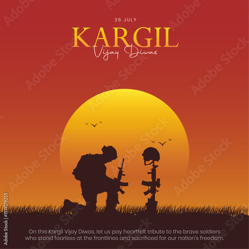 26th July - Kargil Vijay Diwas Post and Greeting Card. Kargil Victory Day Celebration with Text and Solder Kneeling Vector Illustration	