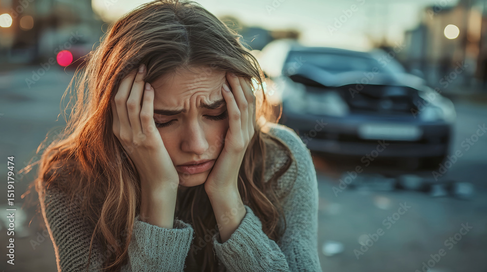 Woman in distress after car accident, contemplating the aftermath of the collision in a city setting during twilight Woman in distress after car accident, contemplating the aftermath of the collision in a city setting during twilight