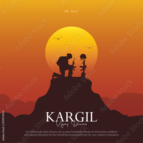Kargil Vijay Diwas Creative and Greeting Card. 26th July - Kargil Victory Day Celebration with Text and Solder Kneeling Vector Illustration