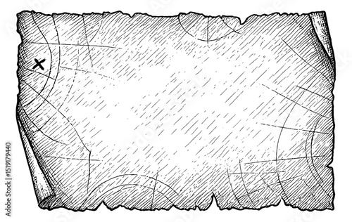 Antique treasure map illustration with cross mark in sketch drawing style on white background