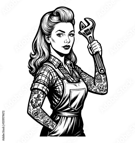 Pinup woman holding wrench with confident expression in black and white vector illustration