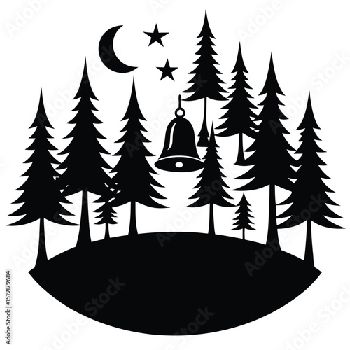 A serene forest scene at night with a bell hanging from a tree under the moonlight and stars