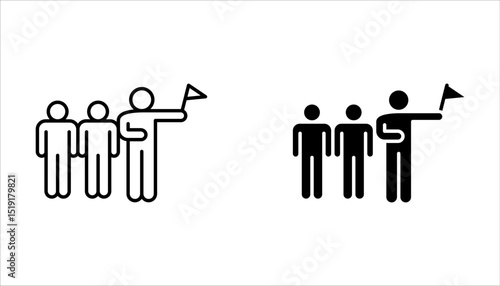 Tour guide icon set. Tourism. Travelling.  Tour guide with a flag outline vector icon on white background