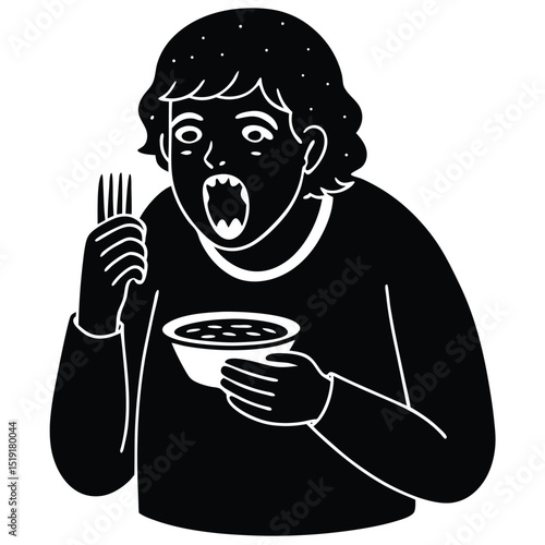 A person enthusiastically eating cereal from a bowl with a fork, expressing joy and satisfaction from their meal.
