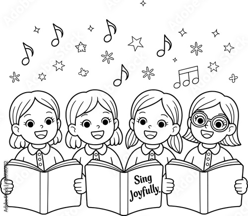 Four girls singing joyfully christmas carol coloring page