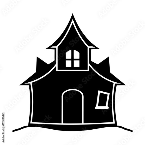 Spooky silhouette of a haunted house illustration in simple black and white for halloween